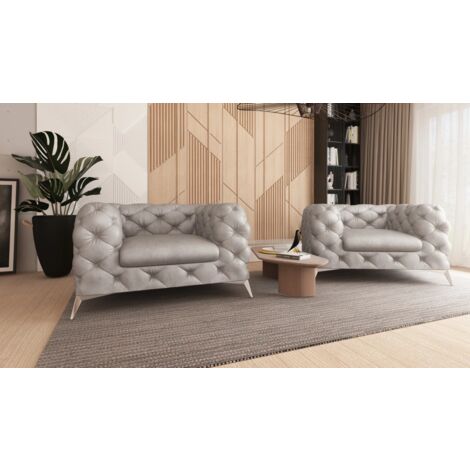 Kare - Chesterfield Sessel mit Silber Metall Füßen aus Grau Samtstoff