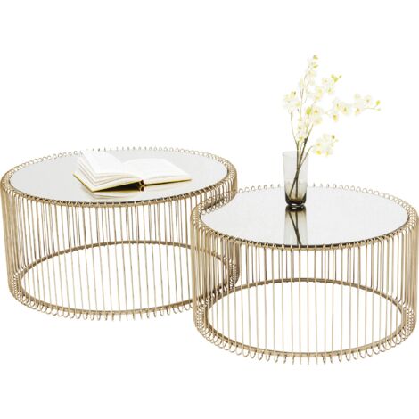 Kare Design tavolino da caffè Wire Brass, oro/vetro, set da 2 pz dimensioni: tavolino grande Ø63cm, tavolino piccolo Ø54