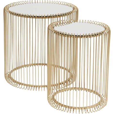 Kare Design tavolino d'appoggio Wire Brass, oro, vetro, set da 2 pz, dimensioni tavolino grande Ø39x45x44cm tavolino piccolo Ø27x42x33cm,