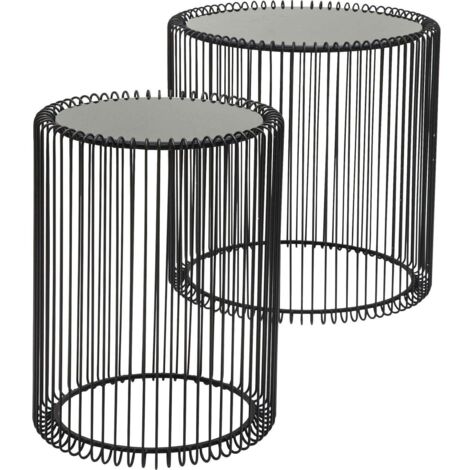 Kare Design Tavolino D'Appoggio Wire Nero, Set Da 2 Pz, Dimensioni Differenti, Grande Di Ø39, Quello Piccolo Ø27Cm, Vetro, Cesta D`Acciaio