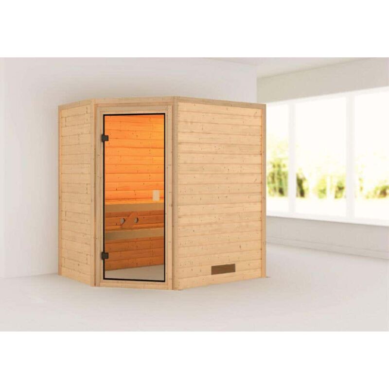Karibu Sauna Innenkabine Cilja Innensauna 2 Sitzbänke aus Holz in Naturbelassen Saunakabine Wandstärke 38 mm Inklusive Ofen Infrarotsauna  - Onlineshop ManoMano