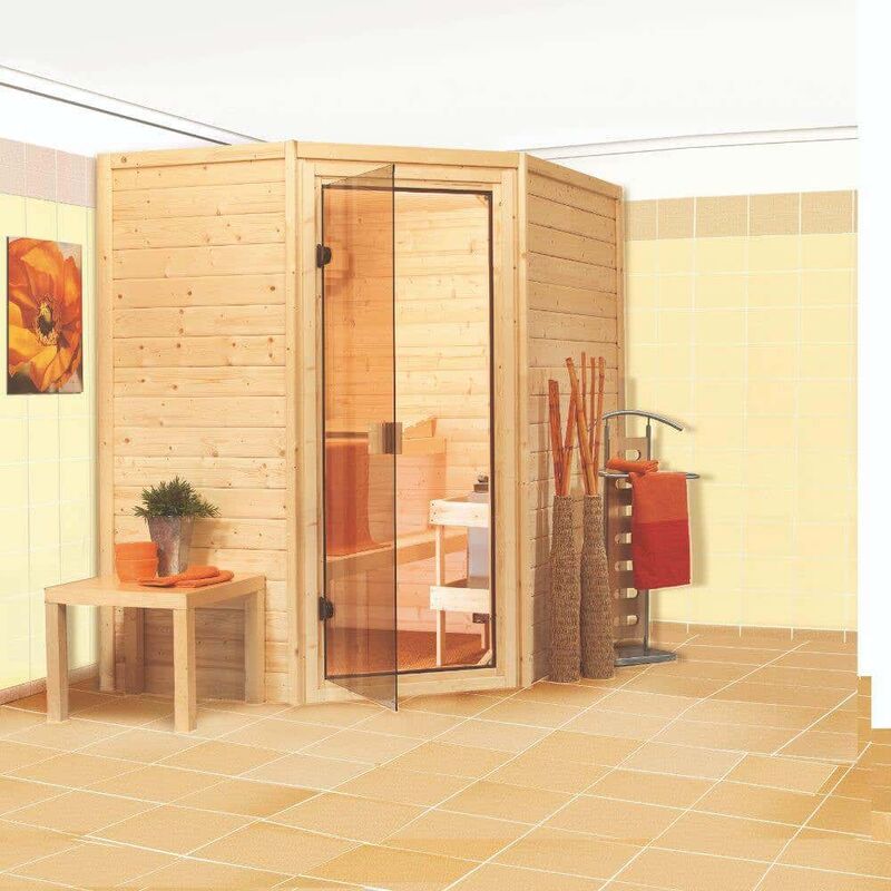 Karibu Sauna Innenkabine Cilja Innensauna 2 Sitzbänke aus Holz in Naturbelassen Saunakabine Wandstärke 38 mm Inklusive Ofen Infrarotsauna  - Onlineshop ManoMano