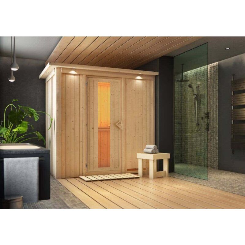 Karibu Sauna Innenkabine Variado Innensauna 1 Sitzbänke aus Holz in Naturbelassen Saunakabine Wandstärke 68 mm Inklusive Ofen Infrarotsauna  - Onlineshop ManoMano