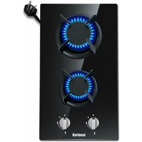 Karinear 30cm Built-in 2 Burners Gas Hob Black Tempered Glass Gas Cooktop, Cast Iron Pan Support, NG/LPG Convertible