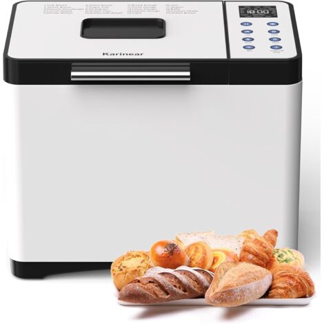 Karinear Machine à pain avec 20 programmes - Avec gants - Départ différé de 15 heures - En acier inoxydable - Avec 3 tailles de pain et couleurs croûtes - Blanc