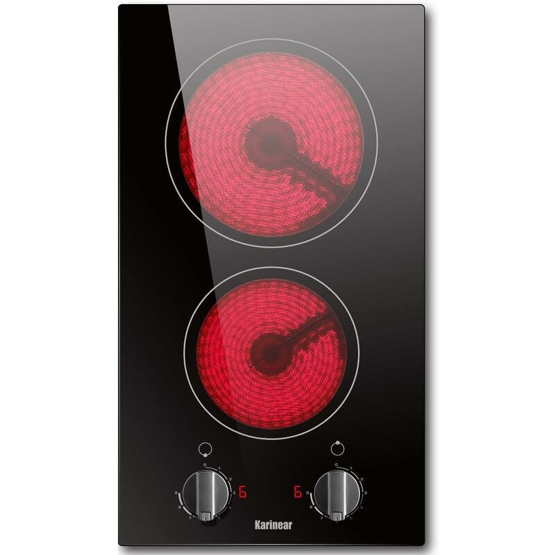 Karinear Piano cottura in Vetroceramica 2 fouchi, Piastra Cottura Elettrico Incasso 30cm, 3000W Piani Cottura con Controllo Manopola, Cristallo Nero,