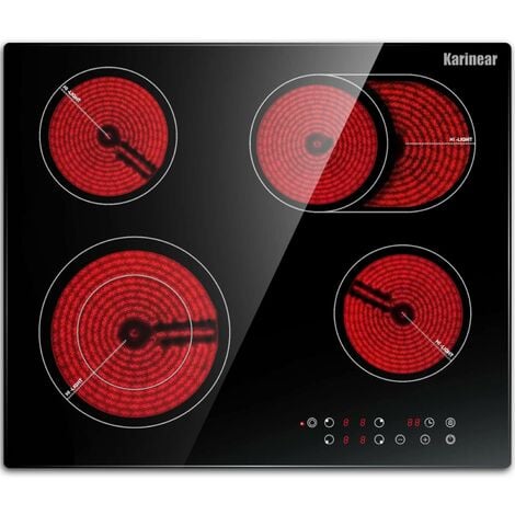 Karinear Plaque de Cuisson en Vitrocéramique - Cuisinière électrique de 60 cm, Table de Cuisson en Verre non Poli Noir - 4 feux avec Double Zone Extensible - Commande tactile - 6600W