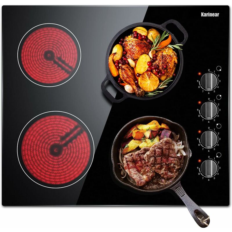 Plaque de Cuisson en Vitrocéramique - Cuisinière électrique de 60 cm, Table de Cuisson en Verre non Poli Noir avec Bouton de Contrôle à 4 zones 6000W