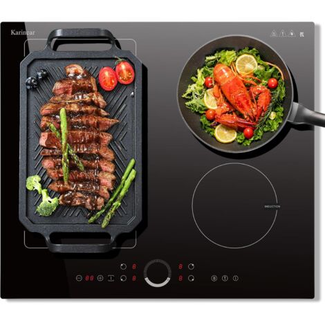 Karinear Plaque Induction 4 Feux avec Flexzone, Plaque à Induction 60 cm Encastrable, Table Induction 4 Foyers avec Commande Circulaire, Booster, Minuterie, Sécurité Enfant, 220V-240V 7200W sans prise
