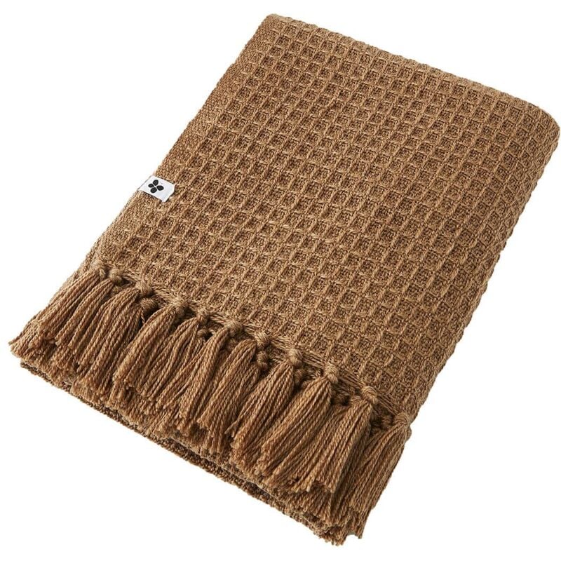 Karl - Couvre-lit à Franges 100% Recyclé Tissage Nid d'abeilles 240x260cm Camel