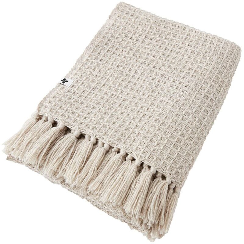 KARL - Plaid à Franges 100% Recyclé Tissage Nid d'abeilles 180x220cm Pampa
