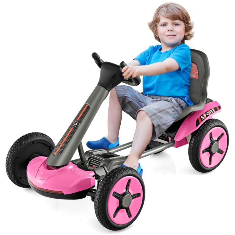 Kart à Pédale Pliable Enfants avec Siège & Volant Réglables Kart Electrique 12 V avec Démarrage Lent Lumière LED Charge 20kg pour Enfant de 2-5 Ans