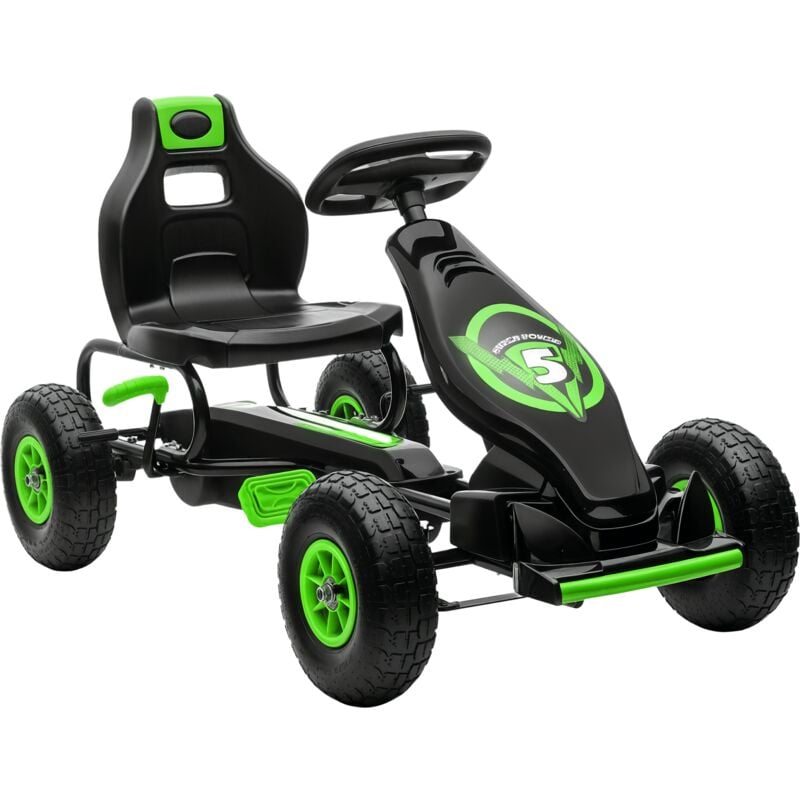 Kart à pédales enfant Go kart Formule 1 Racing Super Power 5 aileron avant pneus gonflables caoutchouc noir vert