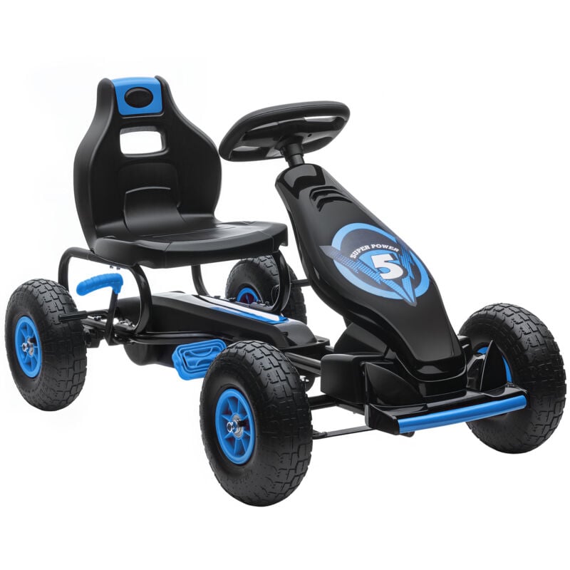 Homcom - Kart à pédales enfant Go kart Formule 1 Racing Super Power 5 aileron avant pneus gonflables caoutchouc noir bleu