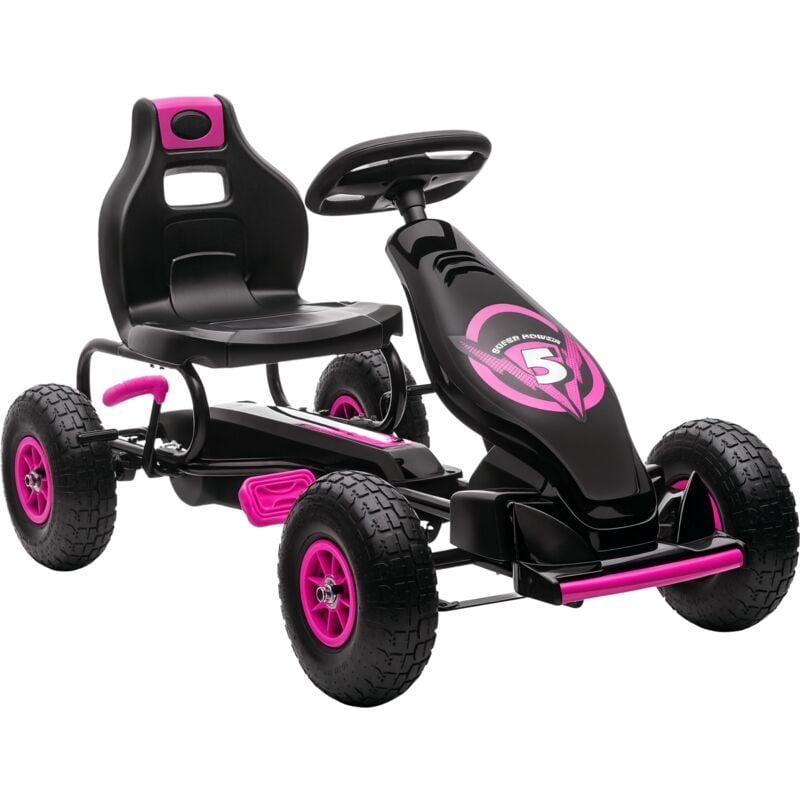 Homcom - Kart à pédales enfant Go kart Formule 1 Racing Super Power 5 aileron avant pneus gonflables caoutchouc noir rose