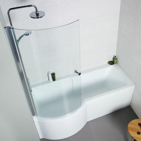 Kartell 1700 x 850mm Acrylic Square P Shaped Shower Bath + Shower Screen - Left Hand
