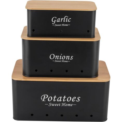 Kartoffel Aufbewahrungsbox, Pack of 3, Kartoffeln, Zwiebeln und Knoblauch Aufbewahrung Box, Aufbewahrungsbehälter für Hält Gemüse Länger Frisch, Schwarz