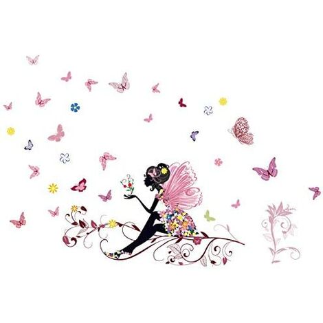 Kartokner 2 Paquets Romantique Dansant Fille Fleur Fée Papillon Amovible Stickers Muraux Autocollants, Enfants Bébé Chambre Pépinière DIY Décoratif Autocollants de Fée de Fleur de Papillon