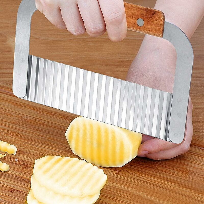 Kartokner - Crinkle Potato Cutter Tool, Creative Stainless Steel Crinkle Potato Cutter Tool, Wooden Handle Blade, Kitchen Vegetable Strips,