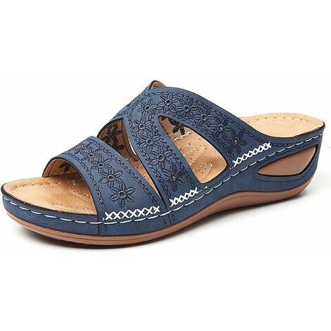 Kartokner Femmes Sandales Pantoufle DéContracté Confort RéGlable Fleur éPissures Croix GlissièRe Anti-DéRapant OrthopéDique Licou Sandales pour Chaussures (Bleu 41EU)