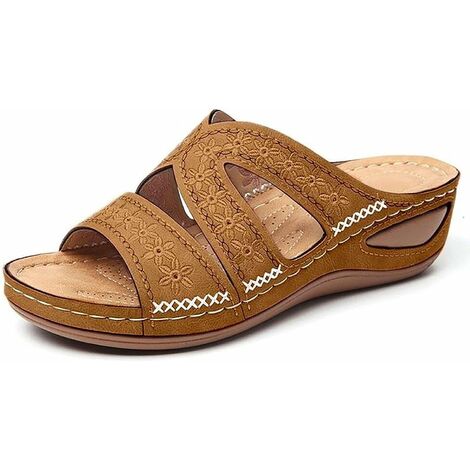 Kartokner Femmes Sandales Pantoufle DéContracté Confort RéGlable Fleur éPissures Croix GlissièRe Anti-DéRapant OrthopéDique Licou Sandales pour Chaussures (marron clair 37EU)