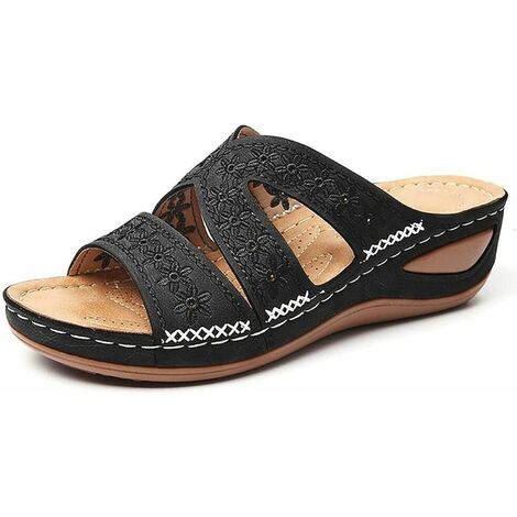 Kartokner Femmes Sandales Pantoufle DéContracté Confort RéGlable Fleur éPissures Croix GlissièRe Anti-DéRapant OrthopéDique Licou Sandales pour Chaussures (Noir 38EU)