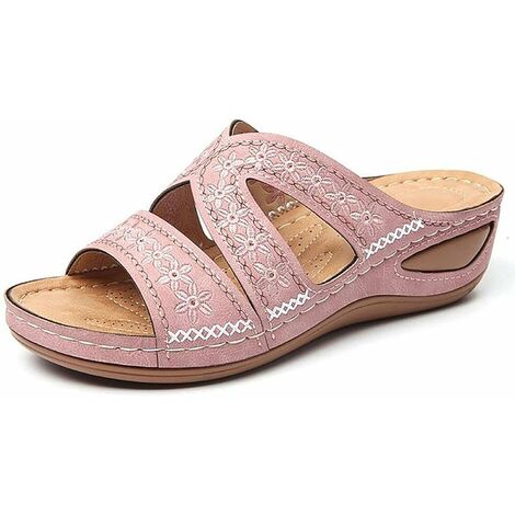 Kartokner Femmes Sandales Pantoufle DéContracté Confort RéGlable Fleur éPissures Croix GlissièRe Anti-DéRapant OrthopéDique Licou Sandales pour Chaussures (rose clair 42EU)