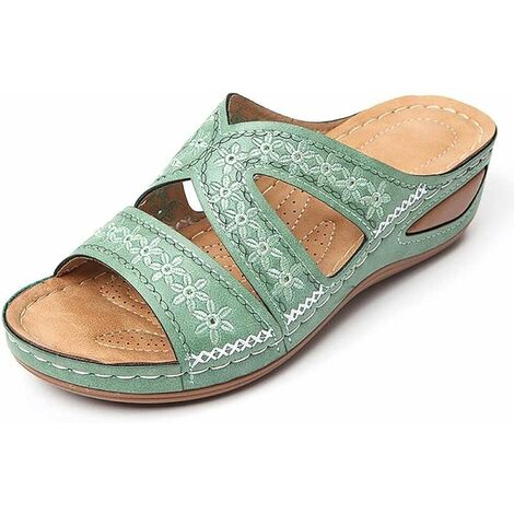 Kartokner Femmes Sandales Pantoufle DéContracté Confort RéGlable Fleur éPissures Croix GlissièRe Anti-DéRapant OrthopéDique Licou Sandales pour Chaussures (vert clair 42EU)
