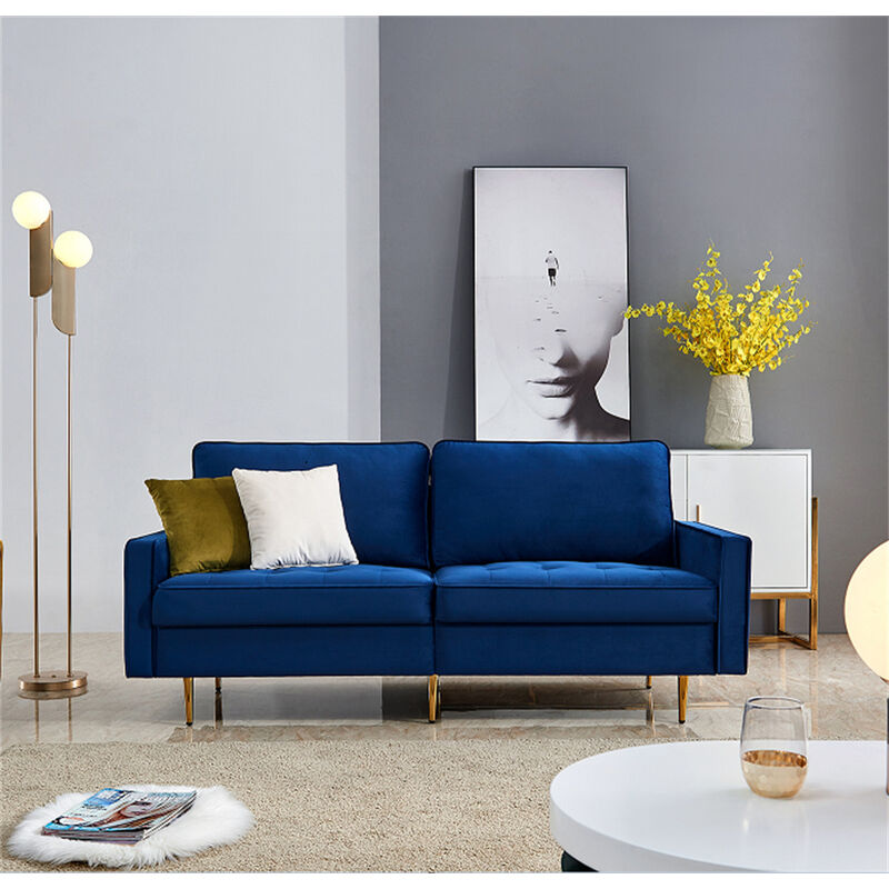 Modernes Samtstoff Sofa 180cm Canapé-lit canapé Convertible 2 Places déhoussable Grand Confort 2 Coussins fournis Pieds accoudoirs métal suède Bleu