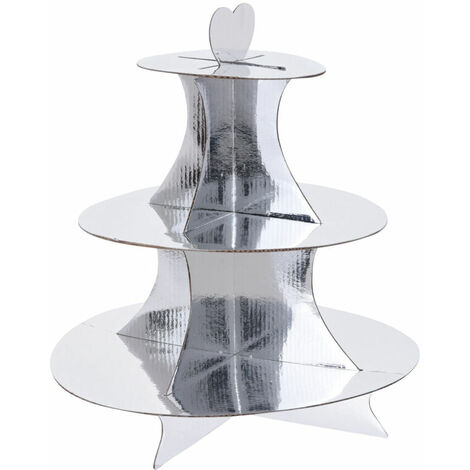 Karton Etagere 34 x 30 cm mit 3 Ablagen - silber - Servierplatte mit Herz Tragegriff - Dessert Muffin Kuchen Platte Papp Ständer