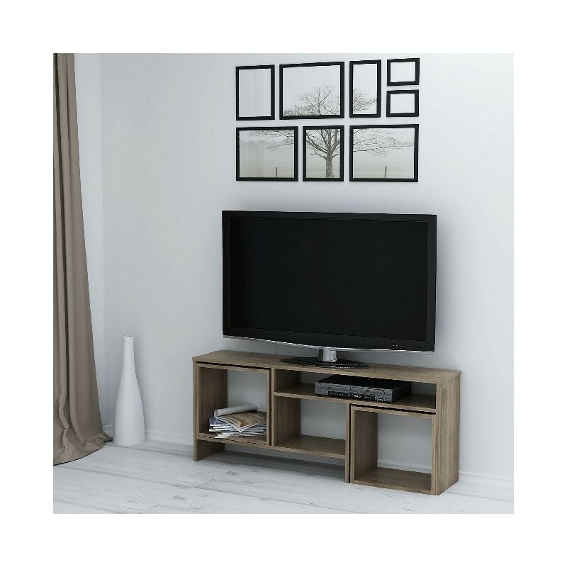 

Kasa Mueble TV con mesa de cafe, puertas, estantes - para la sala de estar - Nogal en Madera, 141 x 29,5 x 57cm,