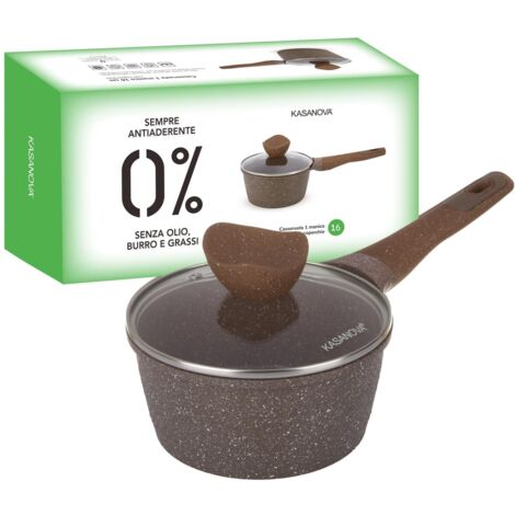 KASANOVA Casseruola antiaderente 0 Grassi, tegame per induzione, con coperchio, rivestimento antiaderente, tegame acciaio inox in forno fino a 250 °C (16 cm)