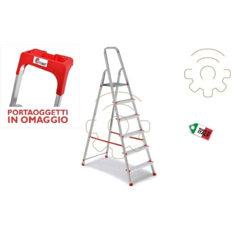 Scala scaletto per uso domestico con 7 gradini in alluminio portata 150 kg con piano porta oggetti made in Italy certificata en 131 Alluminio/Rosso 7