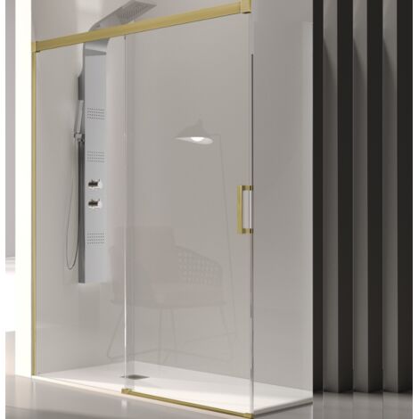 KASSANDRA GLASÉ Mampara Frente Ducha Fijo + Puerta Corredera 6 mm Oro Cepillado Transparente - Medida: 156-160 CM - ref: GS1023616S195132