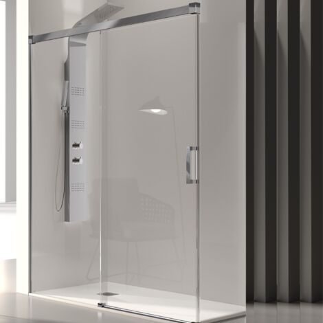 KASSANDRA GLASÉ Mampara Frente Ducha Fijo + Puerta Corredera 6 mm Plata Brillo Transparente - Medida: 136-140 cm - ref: GS1021616S195136