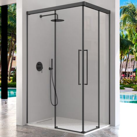 KASSANDRA PAVÍA Mampara Angular de Ducha 2 Fijo +  2 Puertas Correderas Negro Mate Transparente - Medida: 105x75 cms - ref: AI6070516S200105+AI6070516S200075