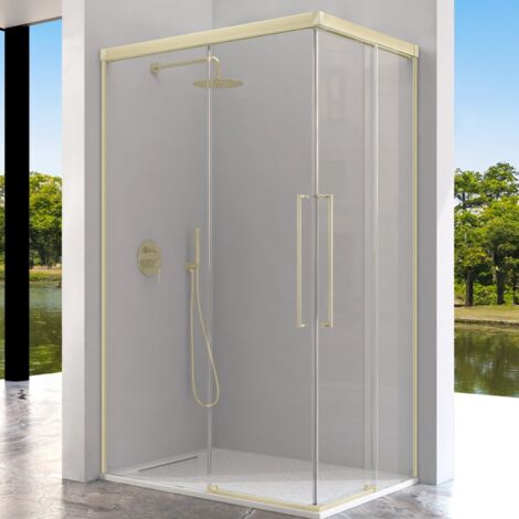 KASSANDRA PAVÍA Mampara Angular de Ducha 2 Fijo +  2 Puertas Correderas Oro Cepillado Transparente - Medida: 80x80 cm - ref: AI6073616S200080+AI6073616S200080
