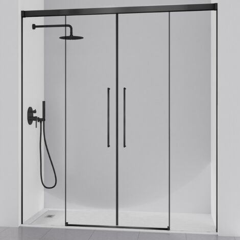 KASSANDRA PAVÍA Mampara Frente Ducha 2 Fijo + 2 Puertas Correderas Negro Transparente - Medida: 176-180 cm - ref: AI1000516S200176