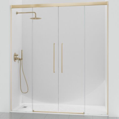 KASSANDRA PAVÍA Mampara Frente Ducha 2 Fijo +  2 Puertas Correderas Oro Cepillado Transparente - Medida: 136-140 cm - ref: AI1003616S200136