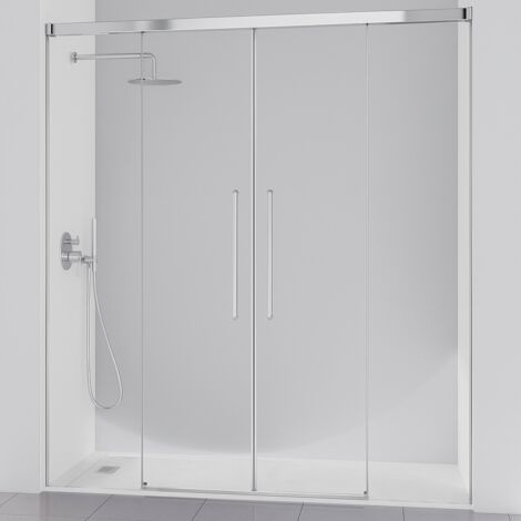 KASSANDRA PAVÍA Mampara Frente Ducha 2 Fijo +  2 Puertas Correderas Plata Brillo Transparente - Medida: 152-156 cm - ref: AI1001616S200152