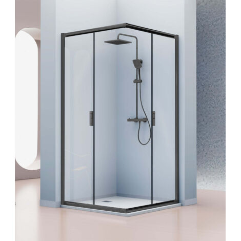 KASSANDRA SIENA Mampara Angular de Ducha 2 Fijos + 2 Puertas Correderas Negro Mate Transparente - Medida: 90x90 cm - ref: IE6070516S195090+ IE6070516S195090