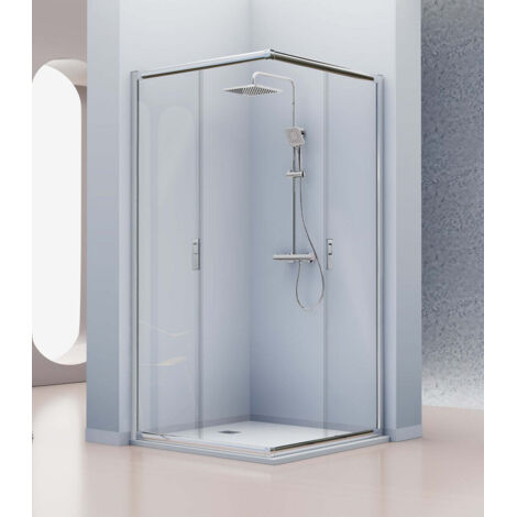 KASSANDRA SIENA Mampara Angular de Ducha 2 Fijos + 2 Puertas Correderas Plata Brillo Transparente - Medida: 75x75 cm - ref: IE6071616S195075+ IE6071616S195075