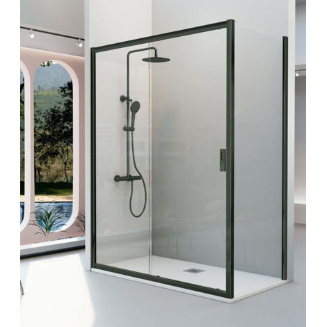 KASSANDRA SIENA  Mampara Frente de Ducha Fijo + Puerta Corredera Negro Mate Transparente - Medida: 105 cm - ref: IE1020516S195105