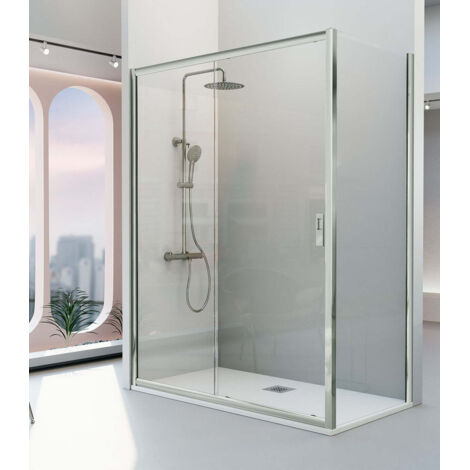 KASSANDRA SIENA  Mampara Frente de Ducha Fijo + Puerta Corredera Plata Brillo Transparente - Medida: 120 cm - ref: IE1021616S195120