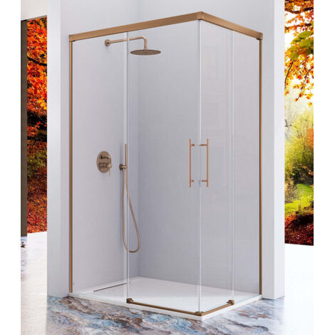 KASSANDRA URBAN Mampara Angular de Ducha 2 Fijos + 2 Hojas Correderas Bronce Cepillado Transparente - Medida: 100x70 cm - ref: UR6073916S200100+UR6073916S200070