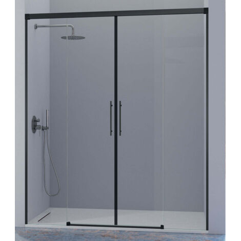 KASSANDRA URBAN  Mampara Frente de Ducha 2 Fijos + 2 Puertas Correderas Negro Mate Transparente - Medida: 146-150 cm - ref: UR1000516S200146