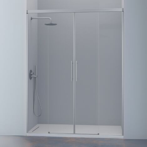 KASSANDRA URBAN  Mampara Frente de Ducha 2 Fijos + 2 Puertas Correderas Plata Mate Cepillado Transparente - Medida: 132-136 cm - ref: UR1004016S200132