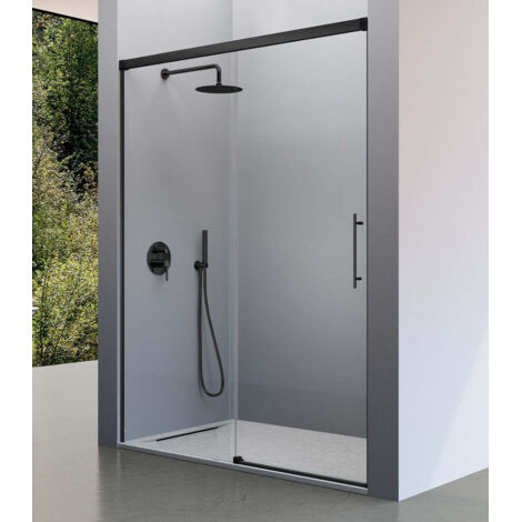 KASSANDRA URBAN  Mampara Frente de Ducha Fijos + Puerta Corredera Negro Mate Transparente - Medida: 151-154 cm - ref: UR1020516S200151