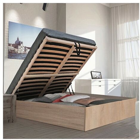 Kastenbett BILBAO 140x190 cm + Bettkasten / Eiche gebleicht/ 196x147x33 cm