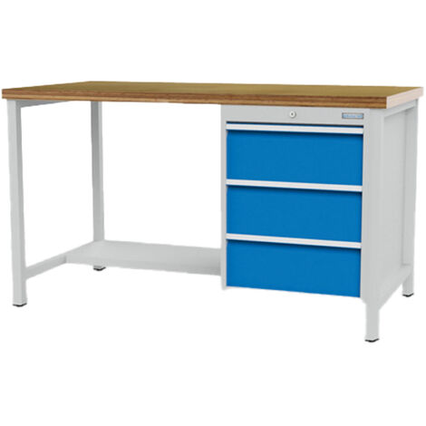 Kastenwerkbank Breite 1500 mm, R18-24, 3 x Schublade, 1 x Stahlfachboden halbe Tiefe Maße in mm (BxTxH): 1500 x 750 x 959